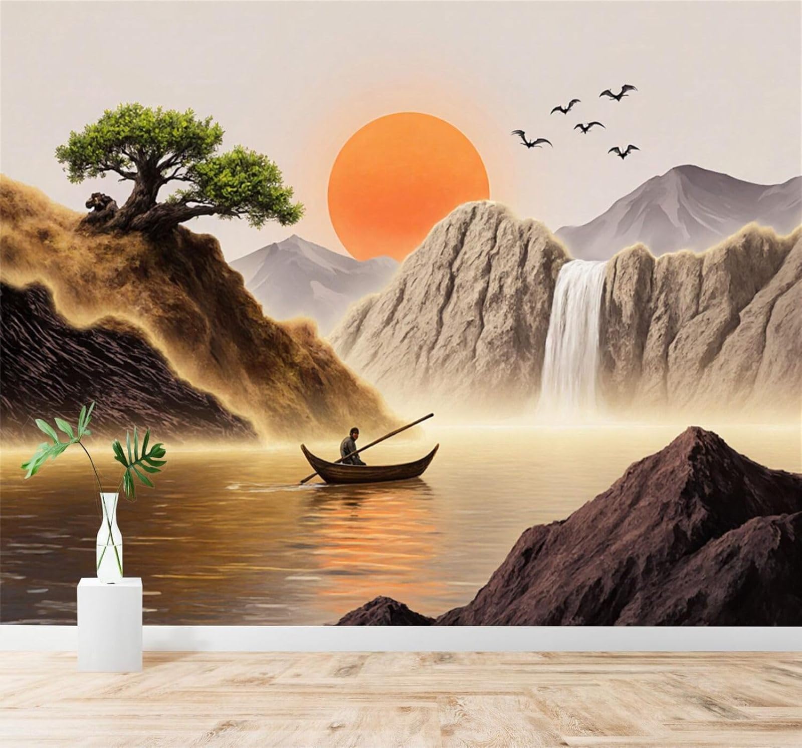 XLMING Sunset Lake Boat Waterfall Mountains Birds 3D Wallpaper Premium Textured Silk Study Dining Living Room Bedroom Sofa TV Wall Easy Install-300cm×210cm