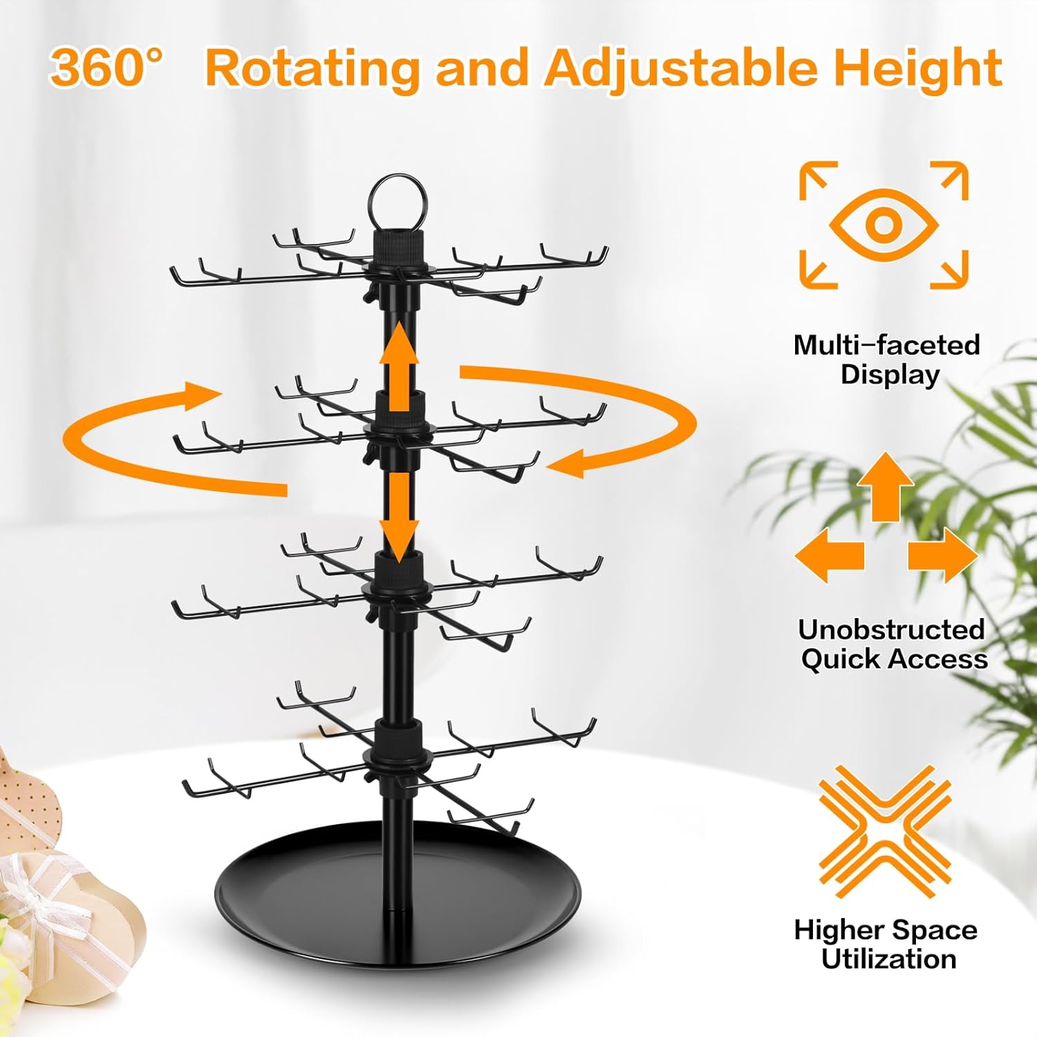 Jewelry Display for Vendors with 80 Hooks, 4 Tier Rotating Display Stand Earring Holder Organizer Adjustable Height, Earring Rack Keychain Necklace Bracelet Display for Retail