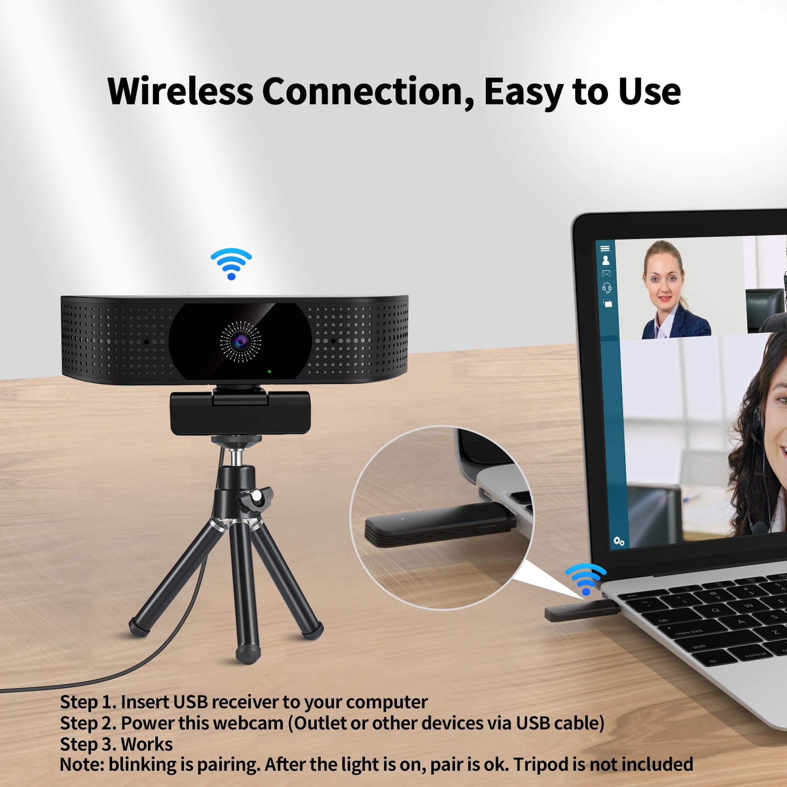 Cámara web inalámbrica 1080P para PC, cámara web con micrófono que reduce el ruido, FOV de 92°, rotación de 360°, Plug and Play, cámara inalámbrica funciona con Skype, zoom para reuniones de