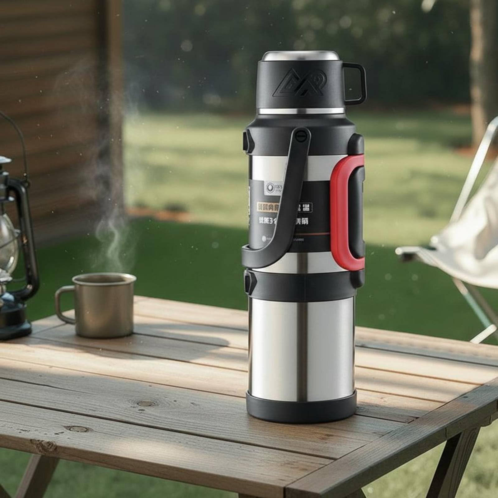 Borraccia Termica in Acciaio Inossidabile 316 con Conservazione Oltre Un Giorno Manico Robusto E Coperchio Tazza Adatta a Escursioni Campeggio Viaggio Lavoro, Verde Militare, 3200ml