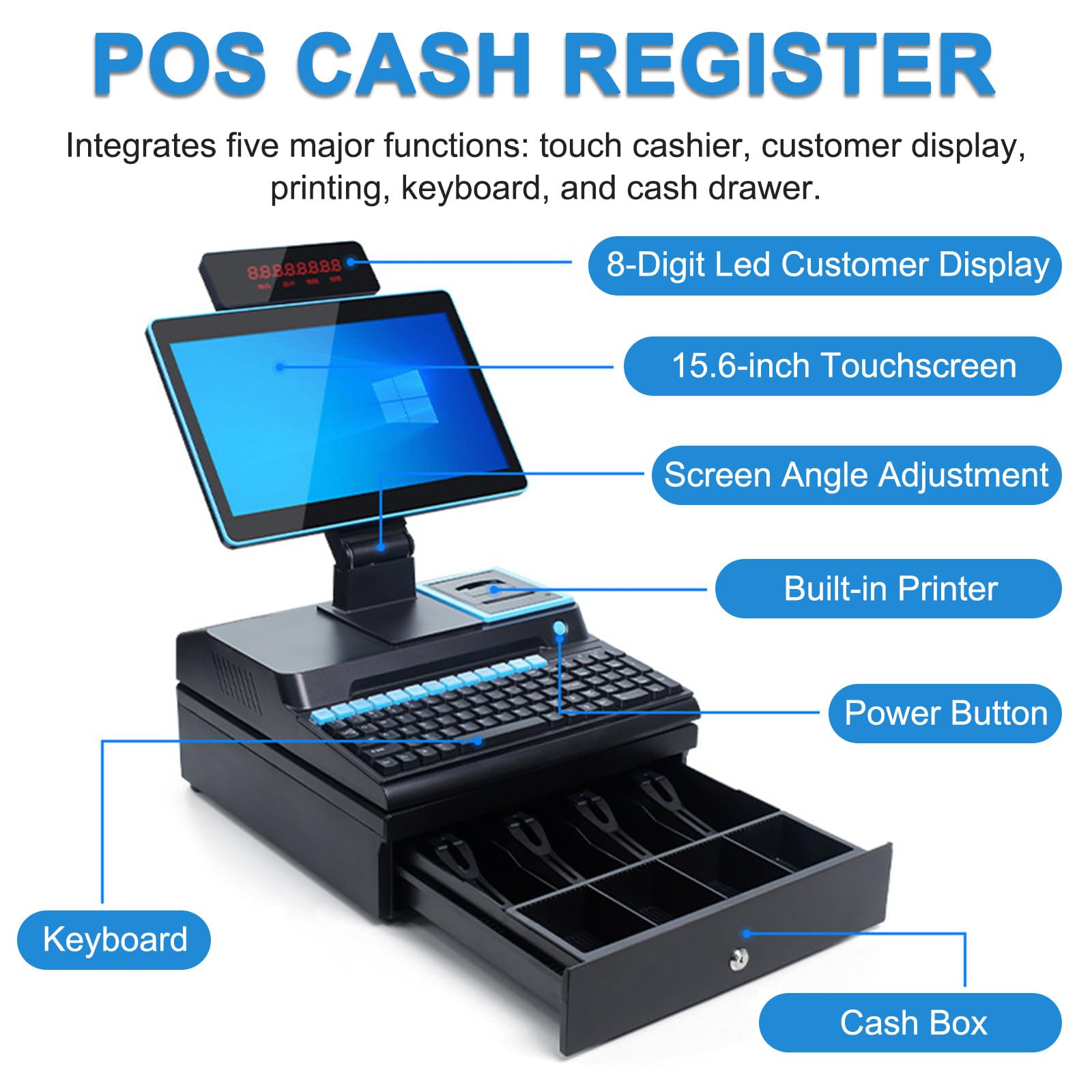 Registratore di Cassa Touchscreen da 15,6 Pollici per POS, Ideale per Piccole Imprese, con Tastiera, Cassetto Contanti e Stampante Single Screen Black