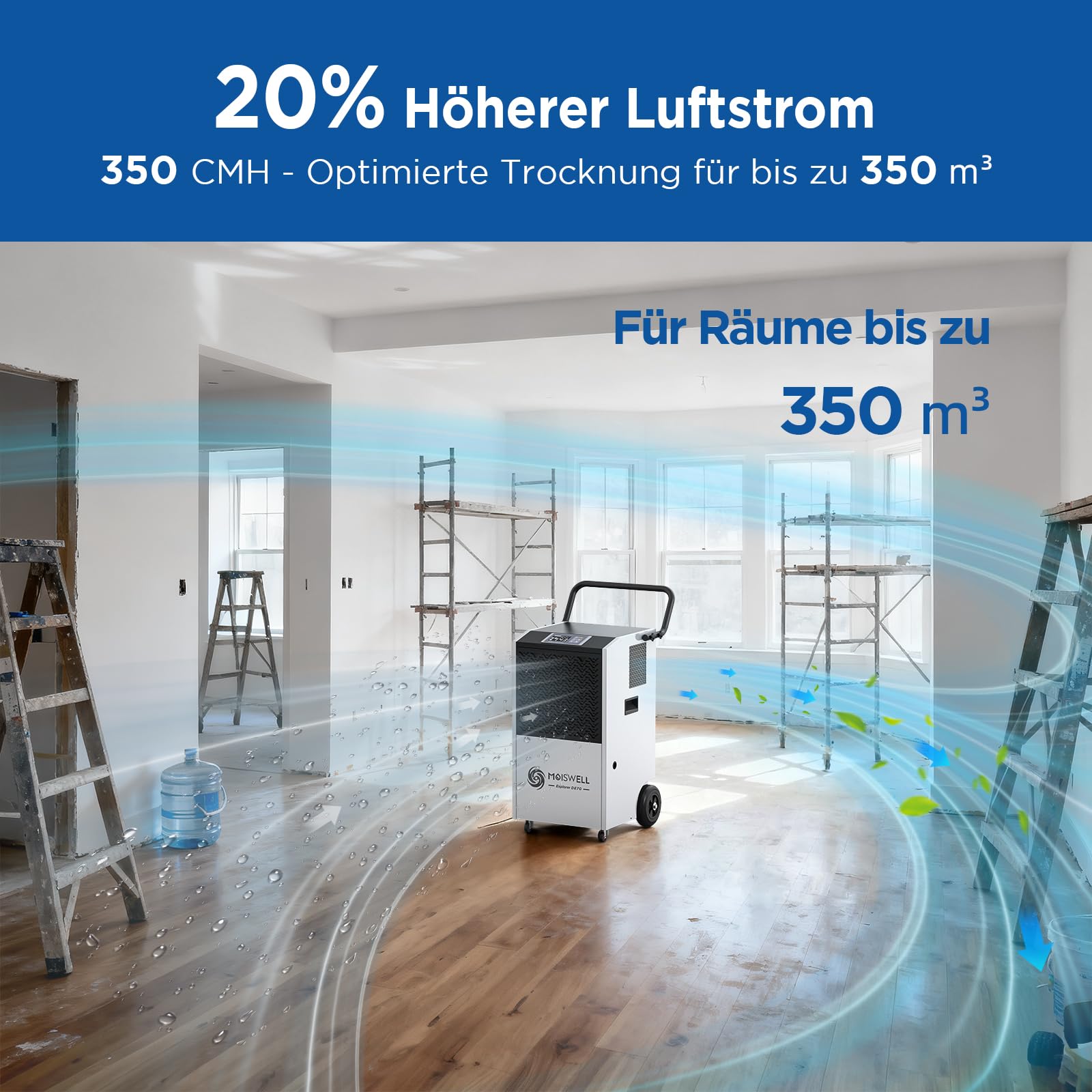 80 L Gewerblicher Luftentfeuchter mit Pumpe Bautrockner für Keller, Baustellen & Industrie – Mobiler, Robuster Entfeuchter für Räume bis 350 m³