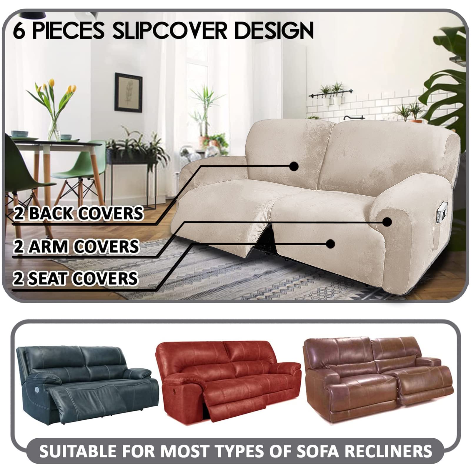 Fodere per Sedie Reclinabili, Extra Largo 190-254cm Copridivano a 2 posti reclinabile, 6 Pezzi Fodere Copripoltrona Reclinabile Elasticizzato Velluto Rimovibile (Beige)