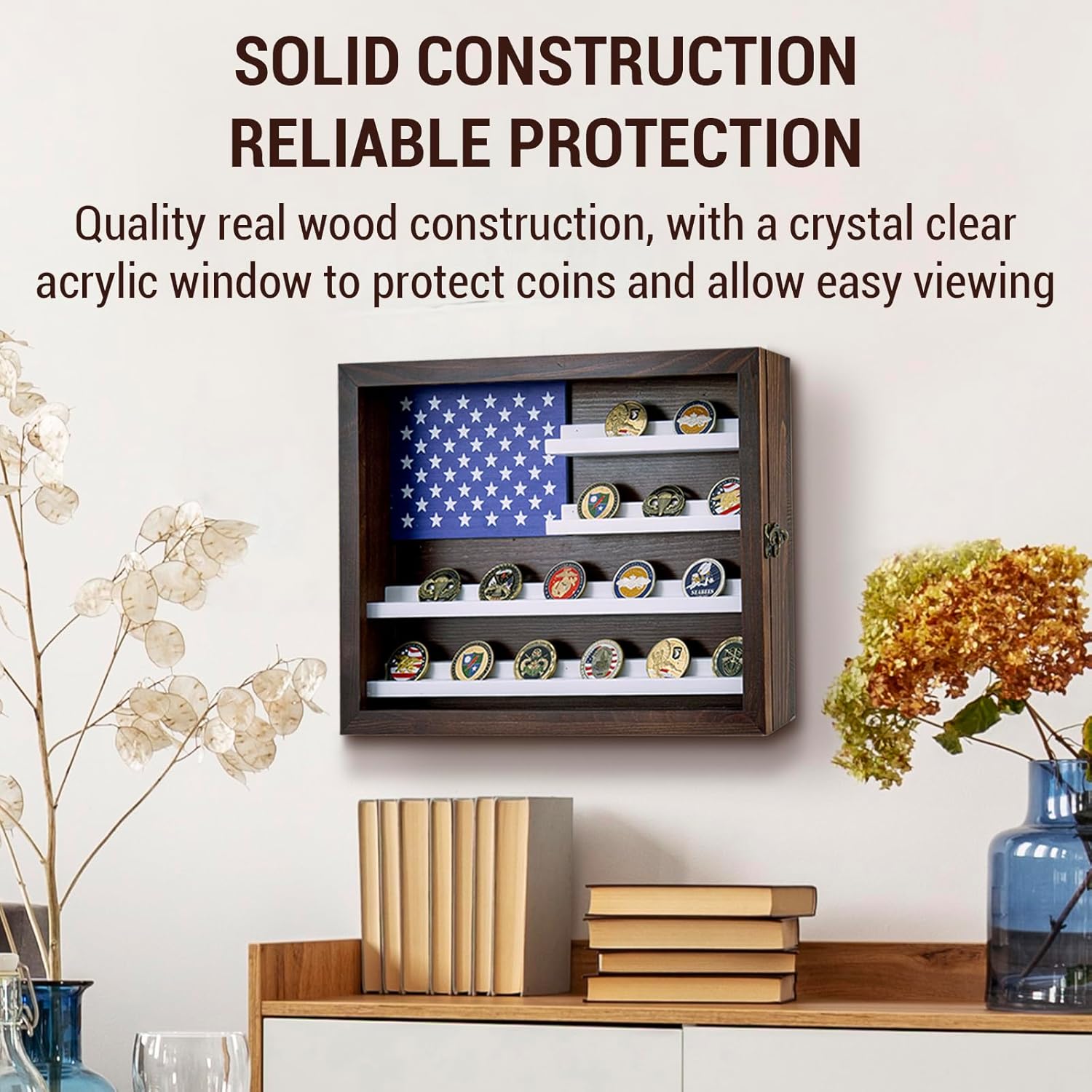 MyGift Wall Mounted Military Challenge Coin Holder Display Shadow Box Cabinet with US Flag American Star Spangled Banner Design
