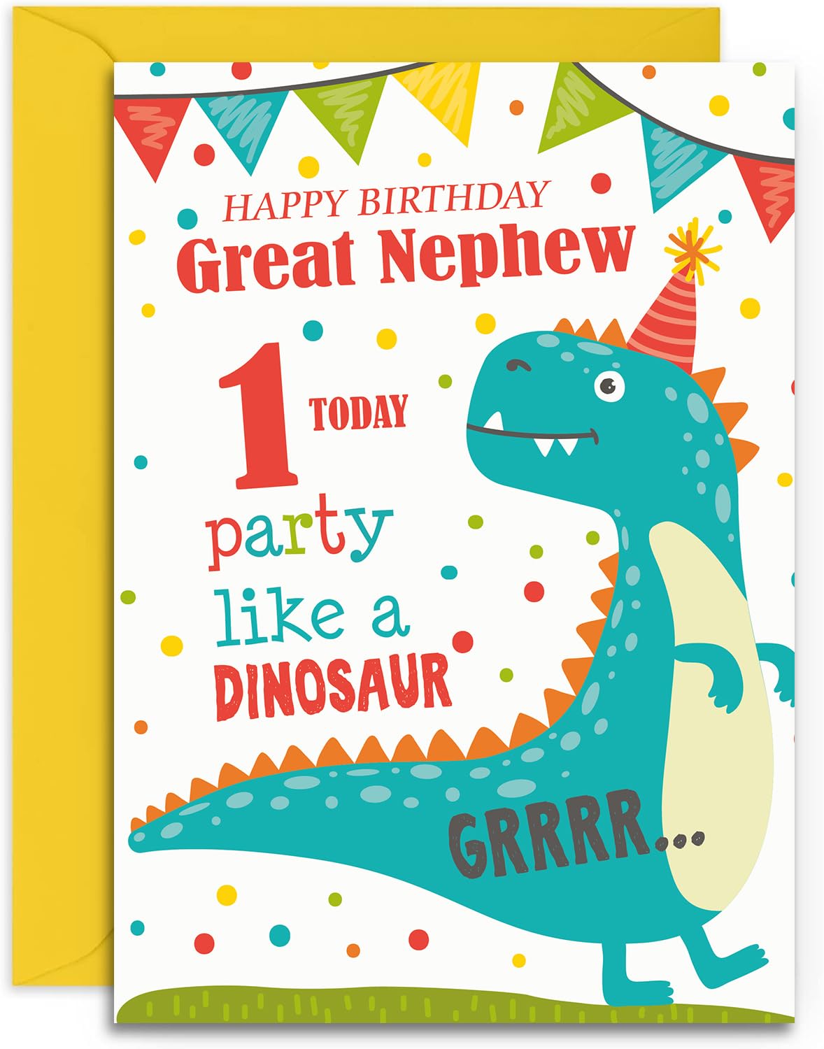 ICFPWR Great Nephew 1st Dinosaur Birthday Card from Olivia Samuel - Gloss Medium Sized Card (A5 Size -148mm x 210mm) with Peel and Seal Envelope