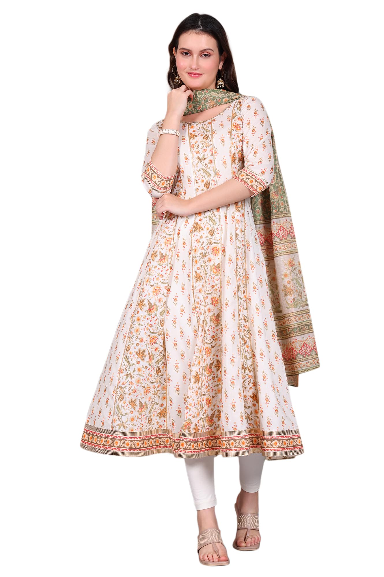 aurelia Women’s Floral Printed Tape Embellished Anarkali Pure Cotton Off White Kurta, Leggings and Dupatta Set-picture-41