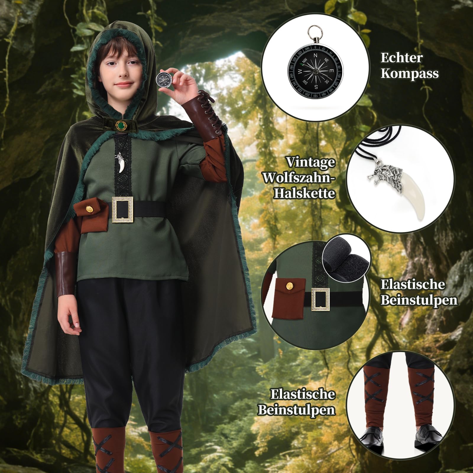 Charmofun Robin Hood Kostüm Kinder, Bogenschütze Mittelalter Outfit für Jungen mit Umhang, Hemd, Hose, Leder-Armschützer, Beinschützer, Halskette und Kompass, Karneval Rollenspiel 4-12 Jahre