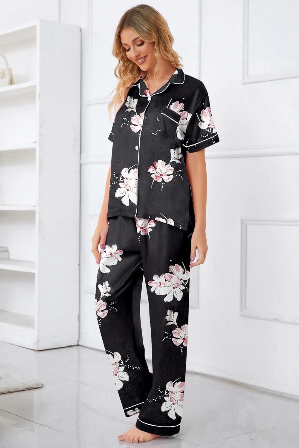 Umeyda Girls Womens Pajamas Set, Satin Silky Button Down Loungewear 2 Piece Short Sleeve Pants PJS Sets for Mommy Kids - Image 5