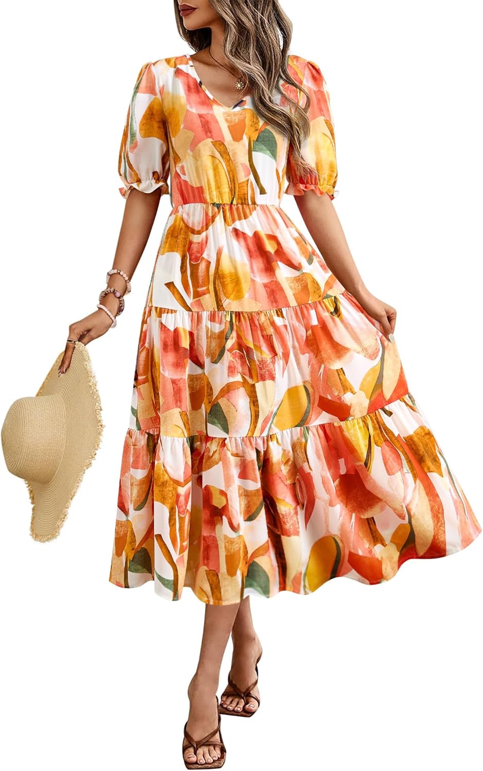 Okiwam Womens Summer Dresses 2026 Spring Casual Floral Short Sleeve Ruffle Flowy Midi Dress Boho Beach Vacation Sundress