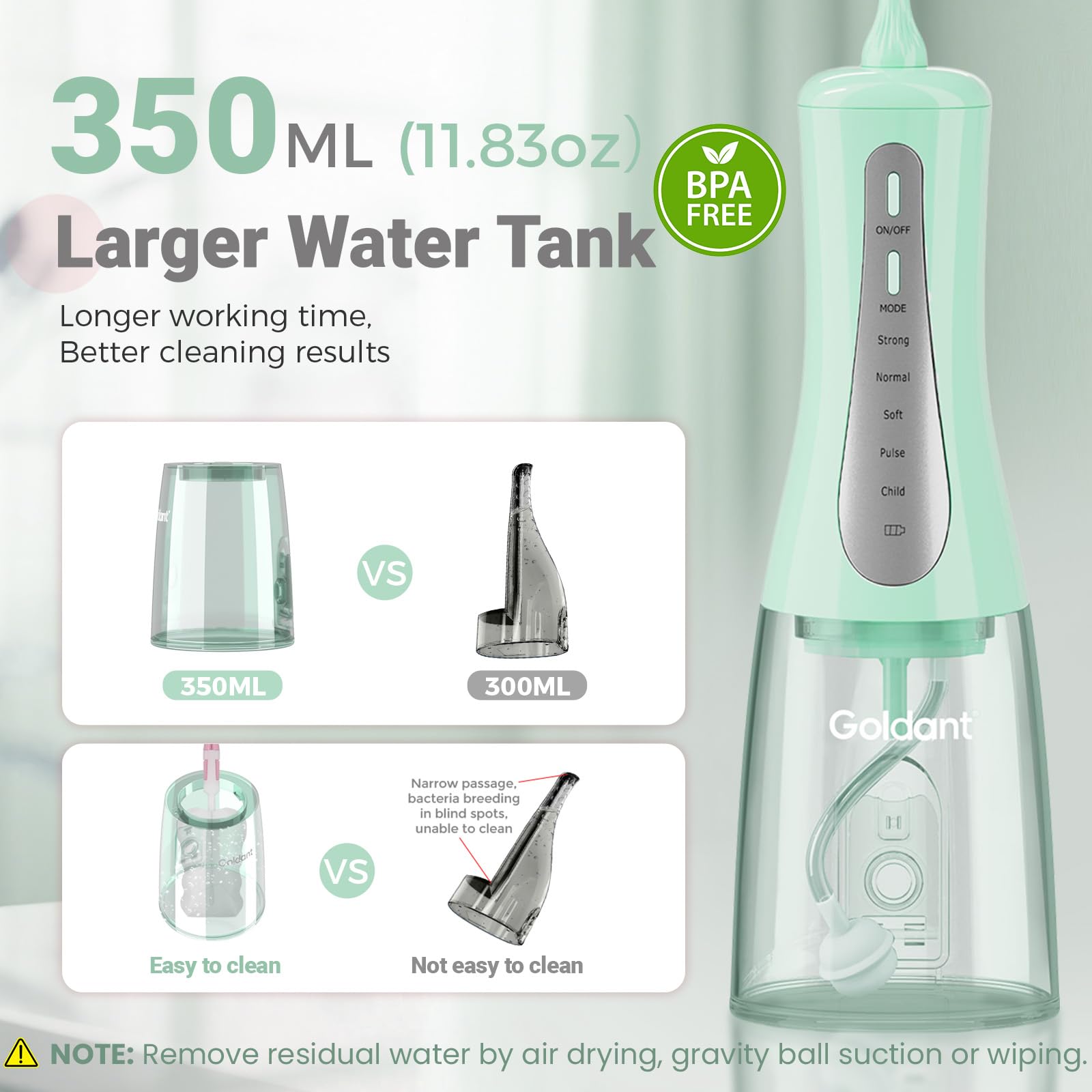 Irrigador dental de agua de 350 ml para dientes con bolsa de viaje, 5 modos, irrigador oral portátil, inalámbrico, limpiador de dientes, recargable, IPX7, impermeable, para viajes en casa