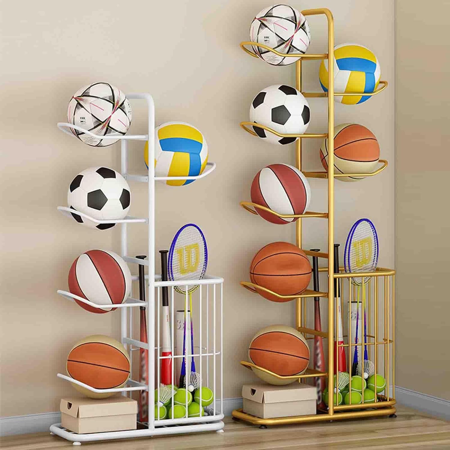 Vertikales Ballregal, 5/7/9-Ball-Halterung, goldfarbener Sportständer für Basketball, Fußball, Volleyball, für den Innen- und Außenbereich (weiß, Kapazität: 5 Bälle)