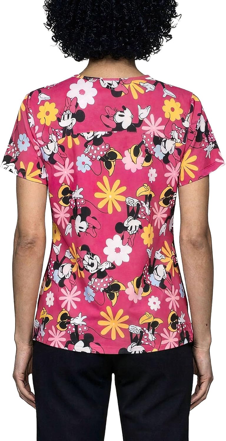 Disney Characters Women's Scrub Top - All Over Print, Short Sleeve V-Neck Novelty Uniform Top for Ladies