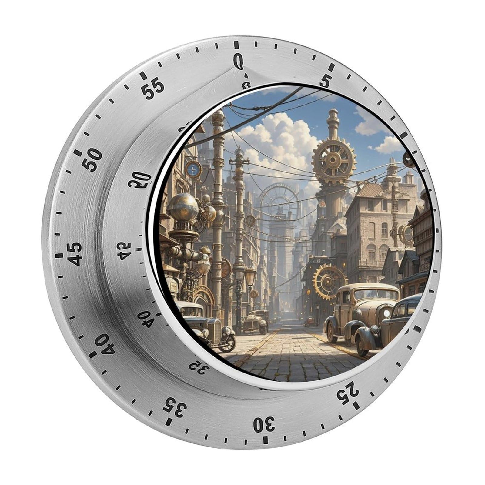 Mechanical Kitchen Timer with Magnetic Back, Stainless Steel Manual Steampunk City Printed Timer for Cooking and Time Management