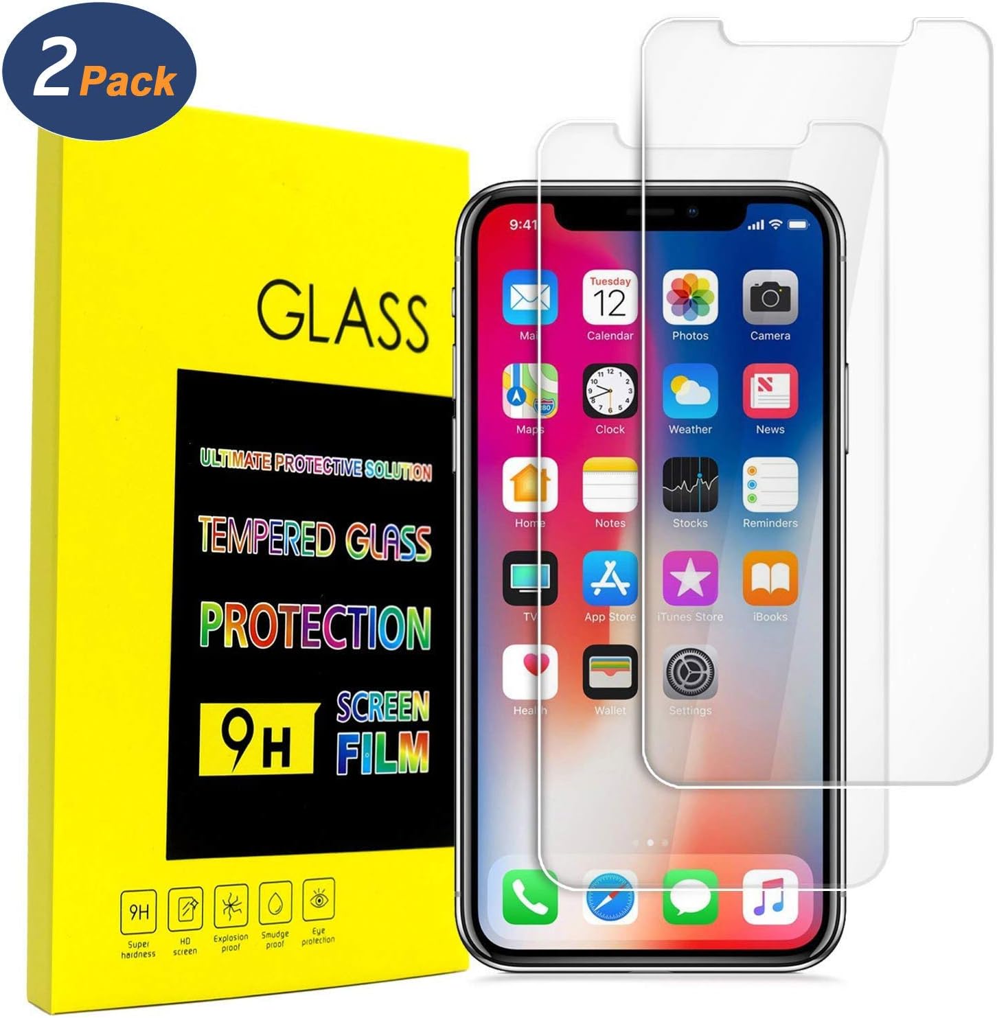 Screen Protector Compatible with iPhone Xs and iPhone X, (2-Pack) 0.25mm Tempered Glass Screen Protector for iPhoneX/Xs/10 5.8-inch 2018 Ultra Slim [Case Friendly] [Shatter Proof] Anti-Fingerprint