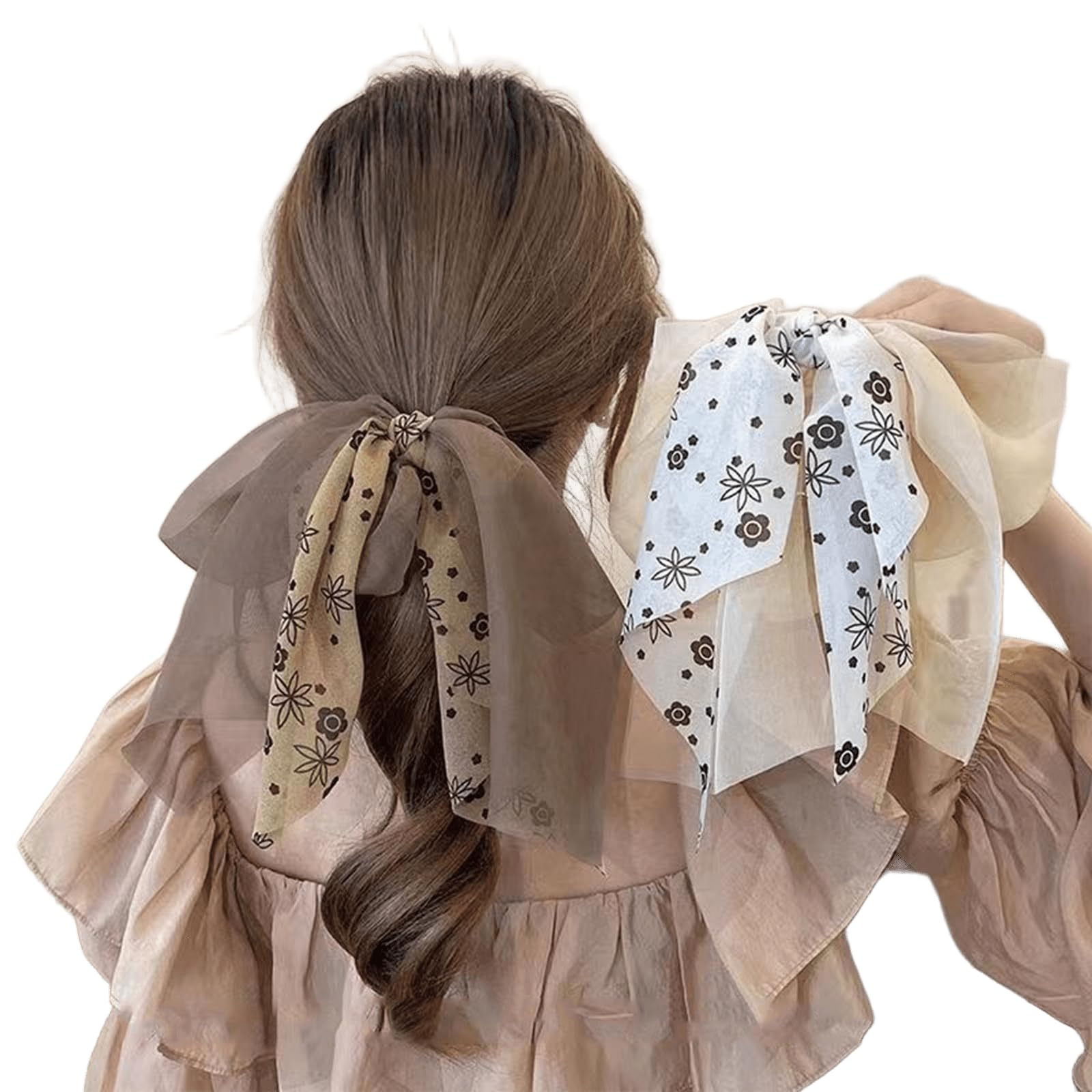 Melodio 2 Pack Vintage Floral Print Bow Hair Scrunchies for Women Girls, Double Layer Sheer Organza Chiffon Ribbon Hair Ties, Soft Elastic Flower Pattern Ponytail Holders, Elegant Sheer Mesh Hair Bands, Romantic Bridal Hair Accessories for Daily Dating Wedding-image-12
