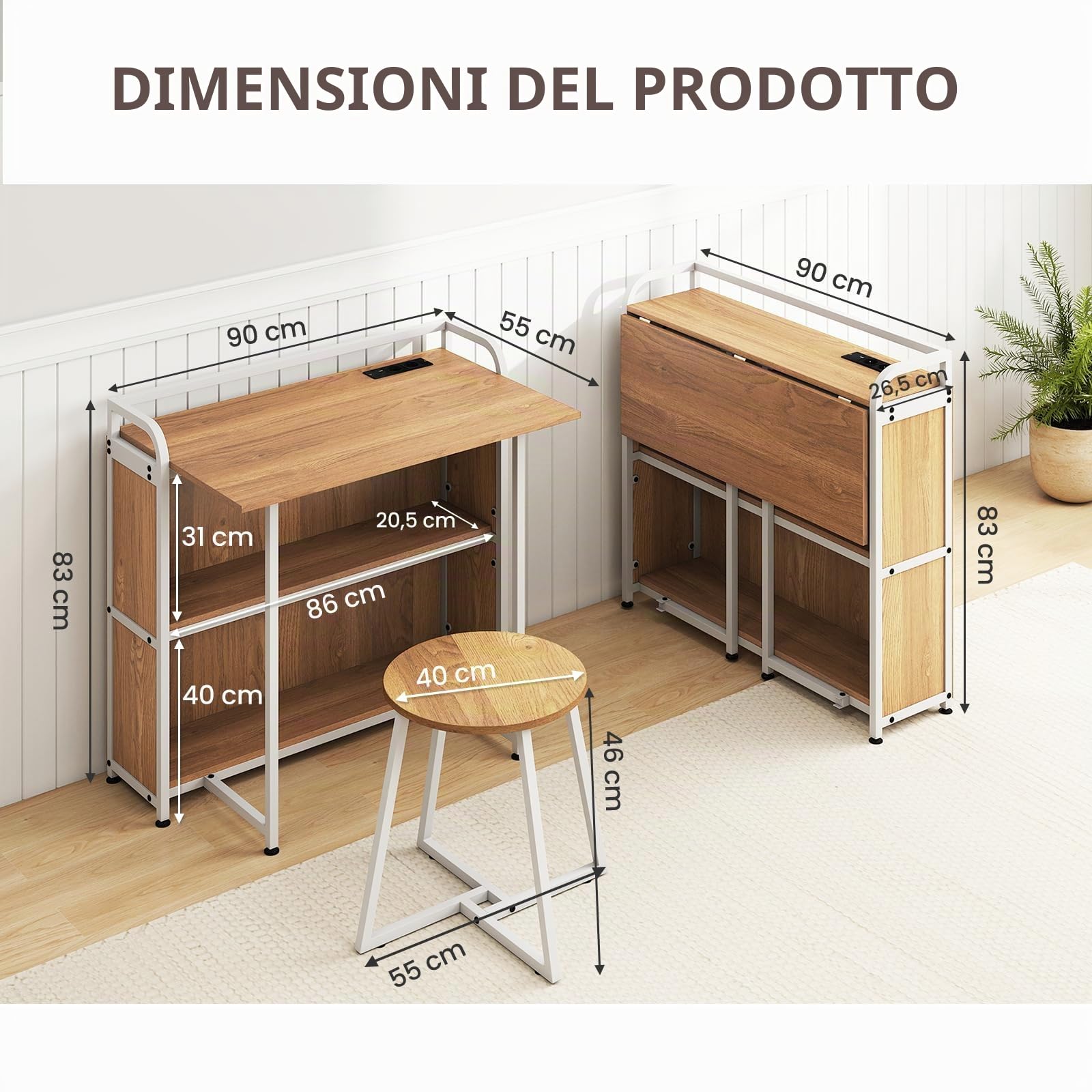 LIFEZEAL Scrivania pieghevole con sgabello, scrivania per computer con 2 ripiani, prese, porta USB e tipo C, salvaspazio, tavolo da ufficio per casa, studio (naturale)