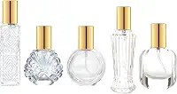 5 peças de atomizador de perfume de vidro dourado de 10 ml, 15 ml, pequeno, vazio, recarregável, para homens e mulheres, frasco de perfume portátil com névoa fina para viagens