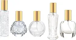 5 peças de atomizador de perfume de vidro dourado de 10 ml, 15 ml, pequeno, vazio, recarregável, para homens e mulheres, frasco de perfume portátil com névoa fina para viagens