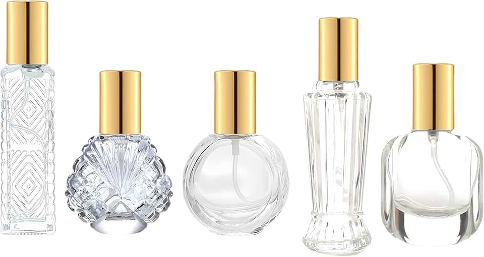 5 peças de atomizador de perfume de vidro dourado de 10 ml, 15 ml, pequeno, vazio, recarregável, para homens e mulheres, frasco de perfume portátil com névoa fina para viagens