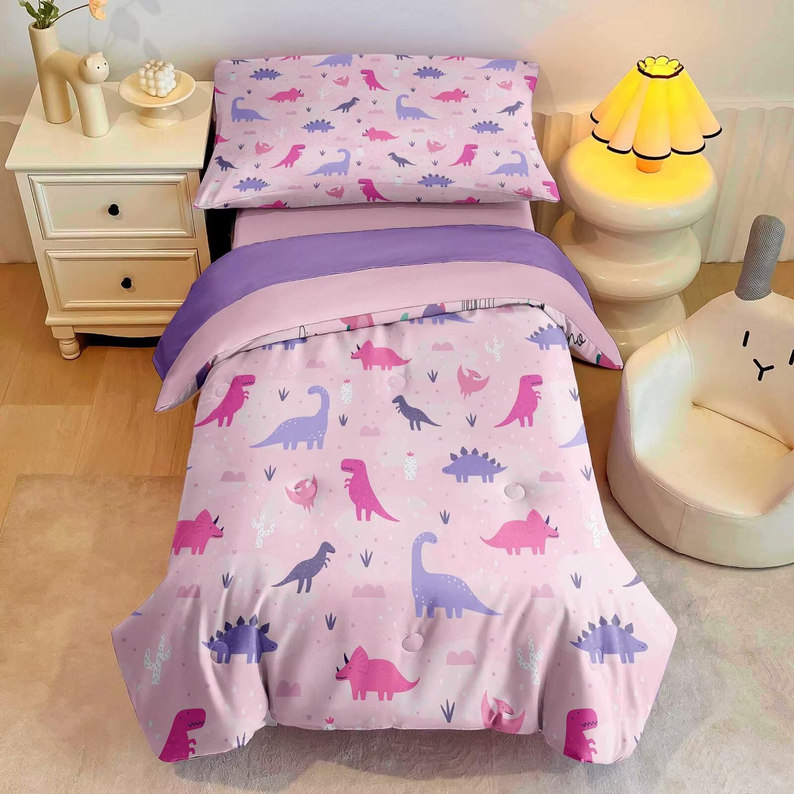 4 Piece Toddler Dinosaur Bedding Set for Girls,Pink Dino Toddler Comforter Sets Soft Bed Set Include Comforter,Fitted Sheet,Flat Top Sheet and Pillowcase,Bed in A Bag for Bedroom