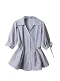 Women's Dressy Casual Peplum Top Striped Button Down Short Sleeve Shirt Work Blouse