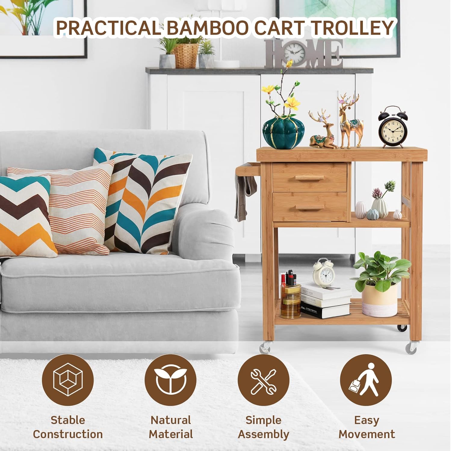 GORELAX Bamboo Kitchen Island on Wheels, Lockable Rolling Kitchen Cart with 2 Storage Drawers & Open Shelf, Wood Utility Butcher Block Island with Towel Rack