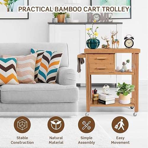 Miniatura 3 de SILKYDRY Isla de cocina, carrito de cocina con ruedas, carrito de cocina de bambú con cajones, estantes, toallero, pequeño carrito de isla de cocina