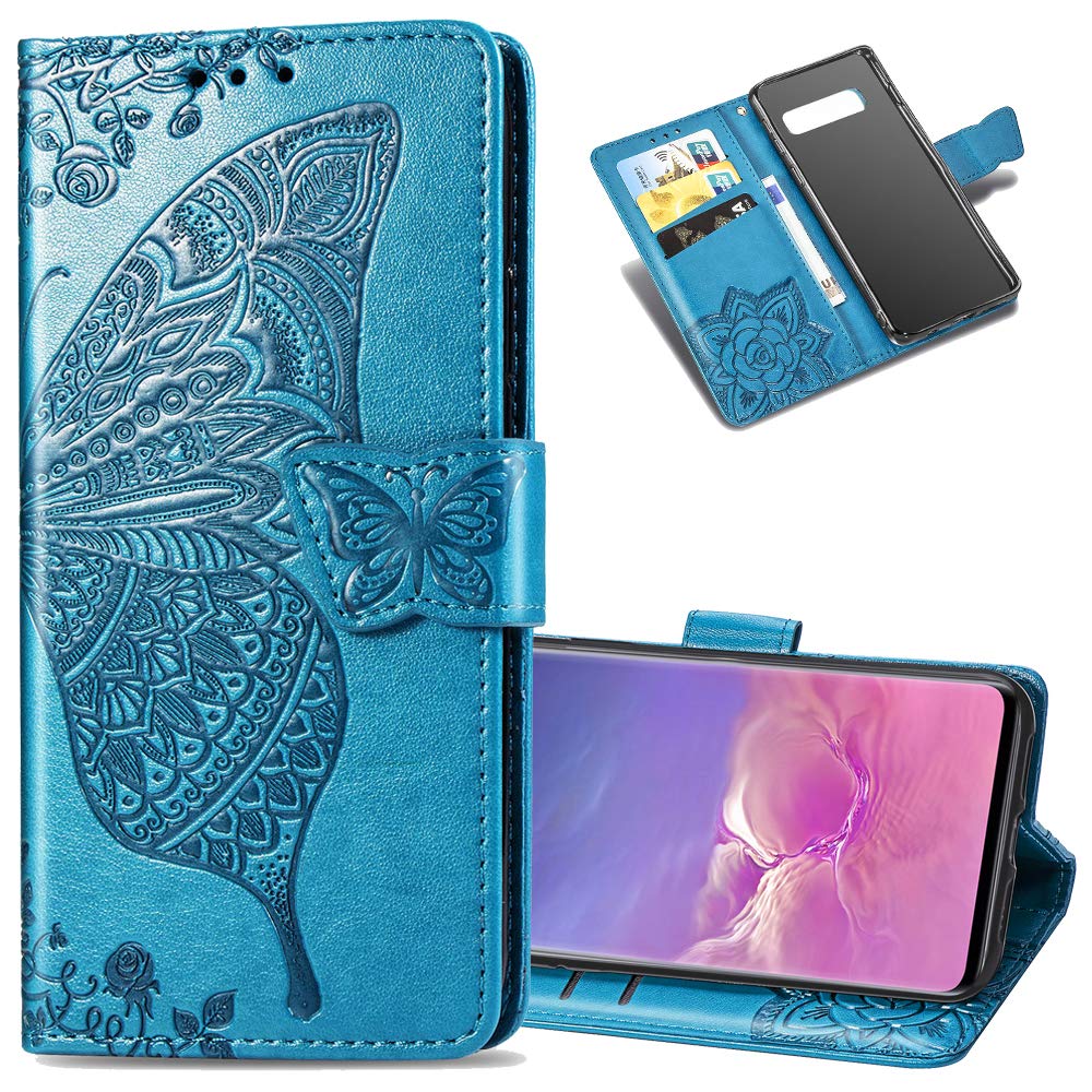 LEECOCO Samsung S10e Case Premium PU Leather Flip Wallet Case Butterfly Embossed Full Body Protection Flip Stand Card Holder Magnetic Cover for Samsung Galaxy S10e Big Butterfly Blue SD