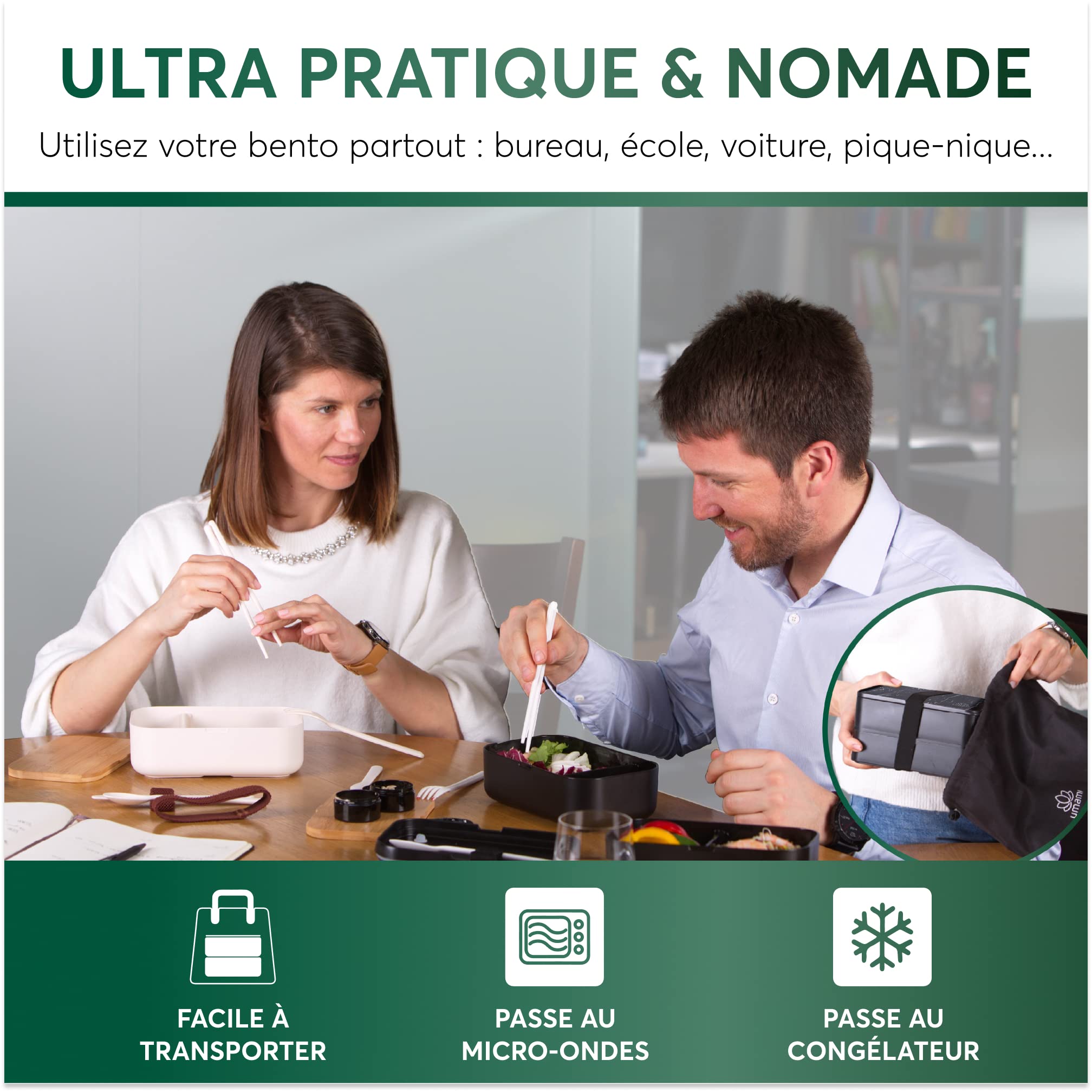 Umami Bento Lunch Box, 2 Pots à Sauce & Couverts en Bois Inclus, Lunchbox Micro-Ondable, Boîte à lunch Adulte, Boîte Repas Compartimentée, Boîte Bento Lunch Box, Bento Box