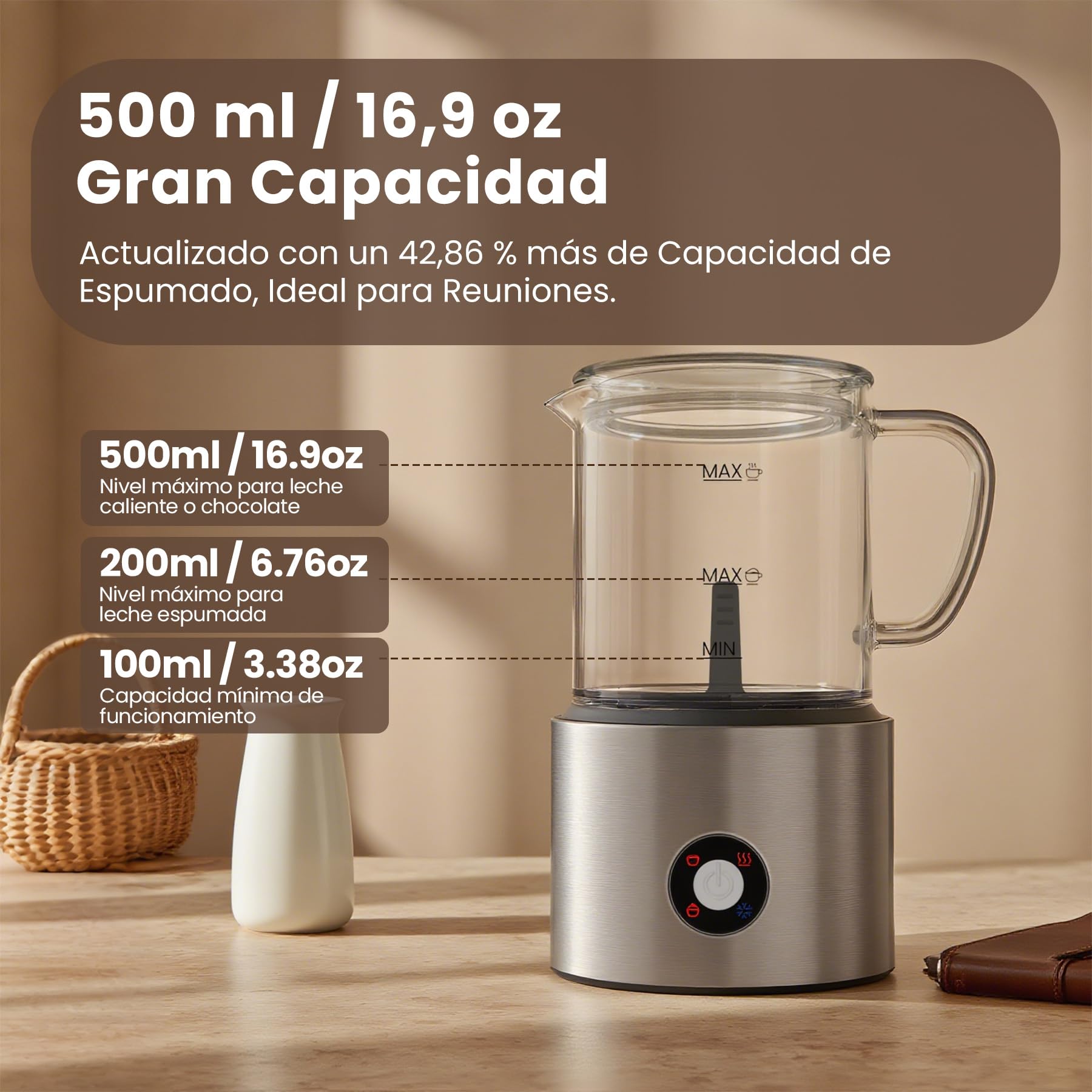 Espumador de Leche 4 en 1, Calienta leche Espumador Electrico 500ml Silenciosa, Calentador de Leche Inducción Automáticas con Desmontable Vaso de Vidrio, para Capuchino, Chocolate