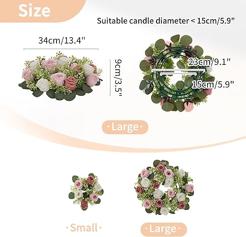 Miniatura 4 de NUPTIO Anillos de vela de flores artificiales 2 piezas de 14 pulgadas de diámetro grandes rosas polvorientas y rosas falsas blancas coronas de boda