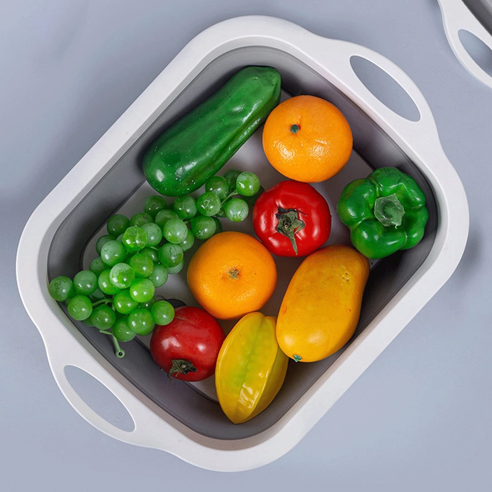 Tabla de cortar multifuncional, plegable, cesta de drenaje de doble lavado, verduras, bloques de cortar, organizador de tabla plegable de cocina (Grau)