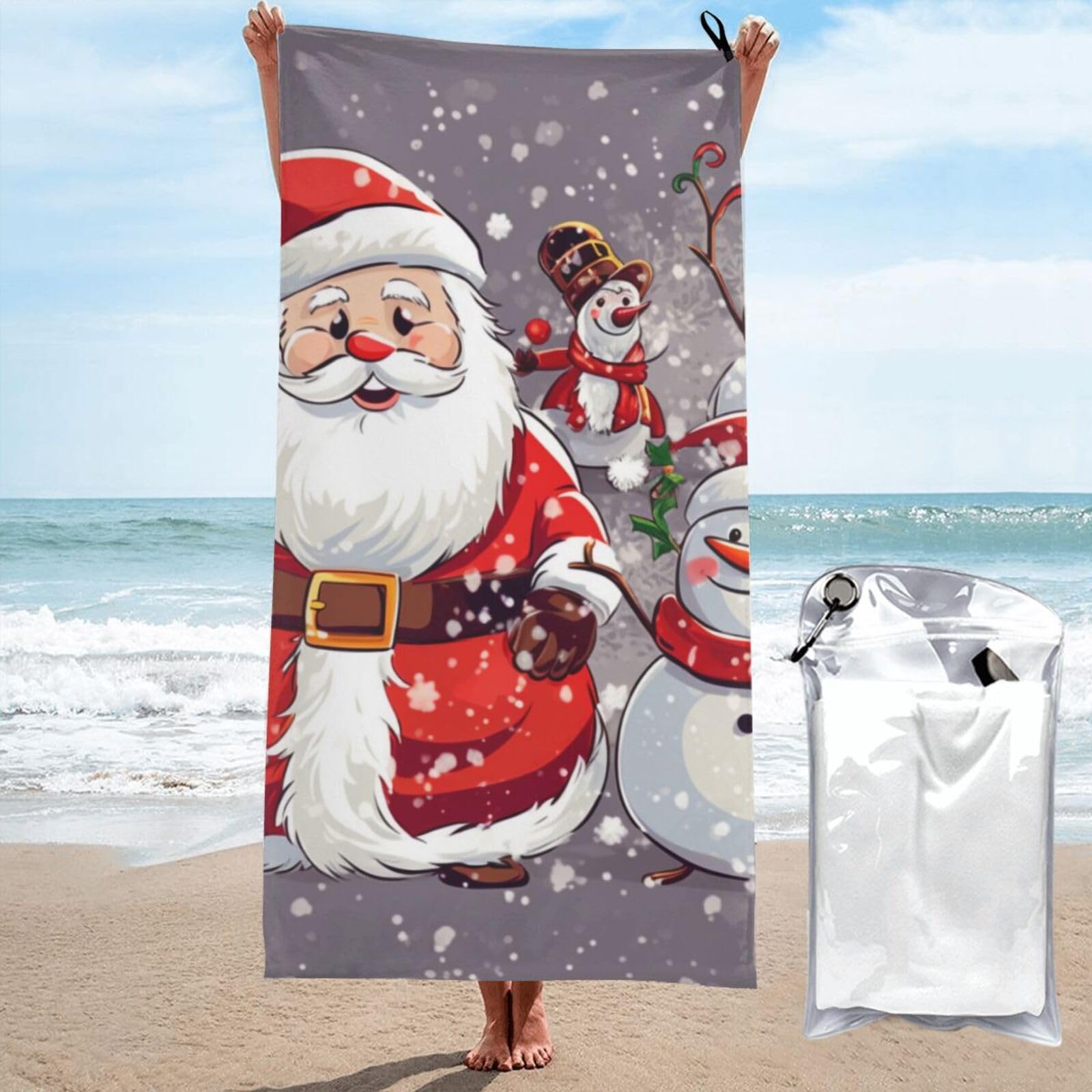 BWWHCCTI Santa Claus Snowman Printed Microfiber Quick Dry Beach Towel 70x140 CM, Fast Drying Bath Towels with Bags for Travel,Camping,Gym,Beach,Swimming,Yoga