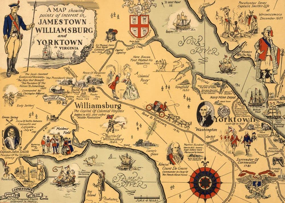 1000 Piece Jigsaw Puzzle | 1930 Pictorial map Showing Points of Interest in Jamestown, Williamsburg and Yorktown