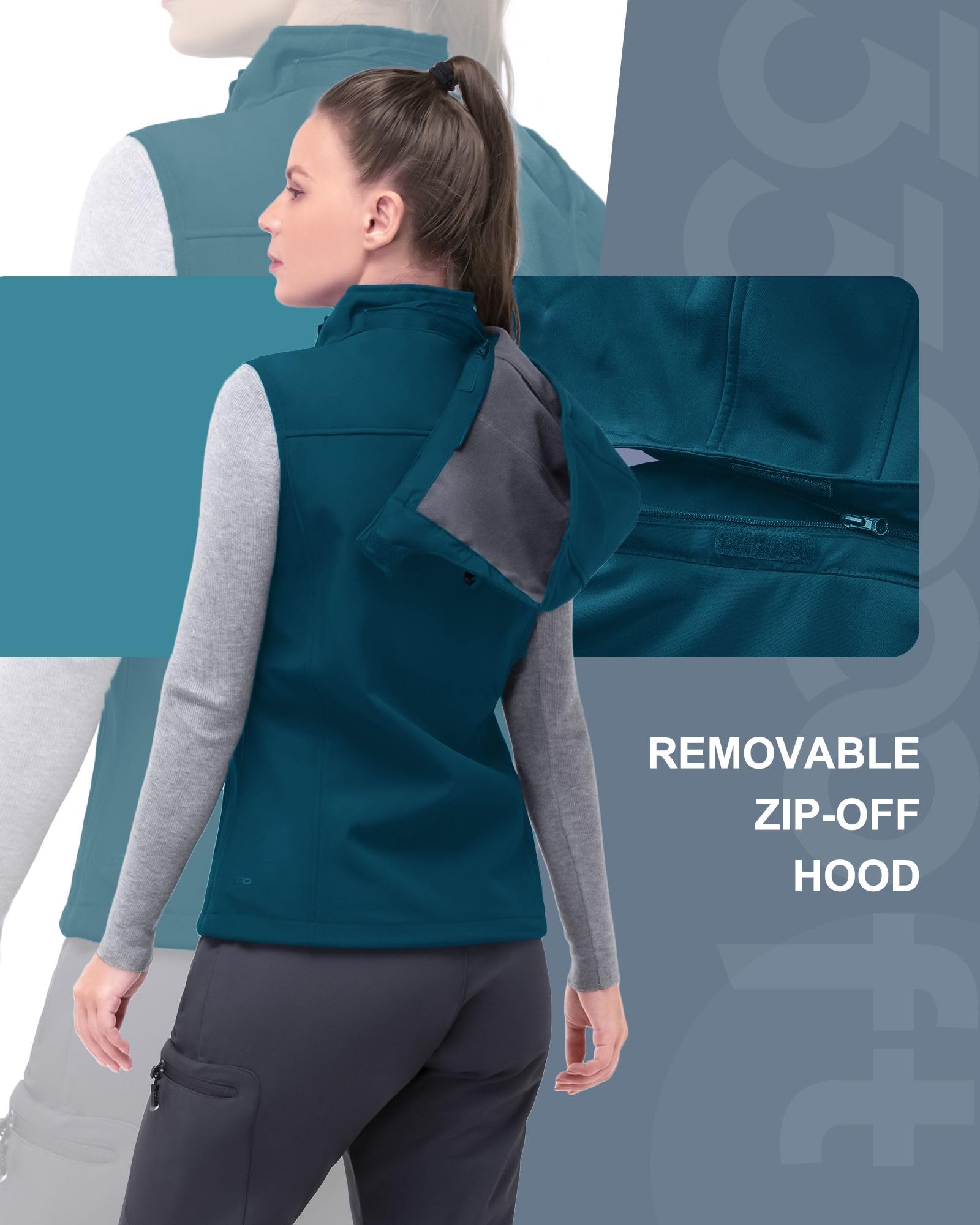 33,000ft Gilet leggero softshell da donna con cappuccio, giacca senza maniche, impermeabile, antivento, in pile, con tasche con zip