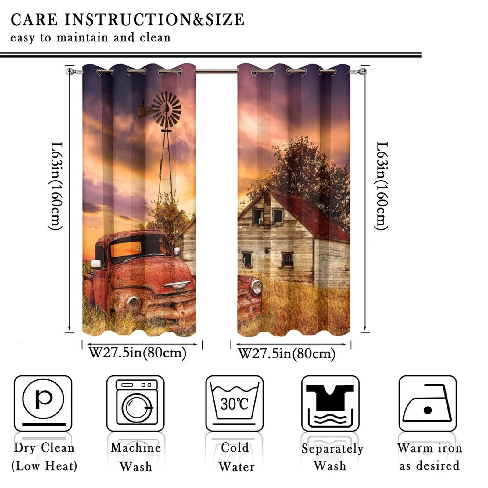 Kazynee Rustic Farm Old Truck Ultra Soft Premier Blackout Curtains,Western Country Farmhouse Sunset Nature SceneryThermal Insulated Bedroom Noise Reducing Patio Door Grommet Top,2 Panels 63L x 27.5W