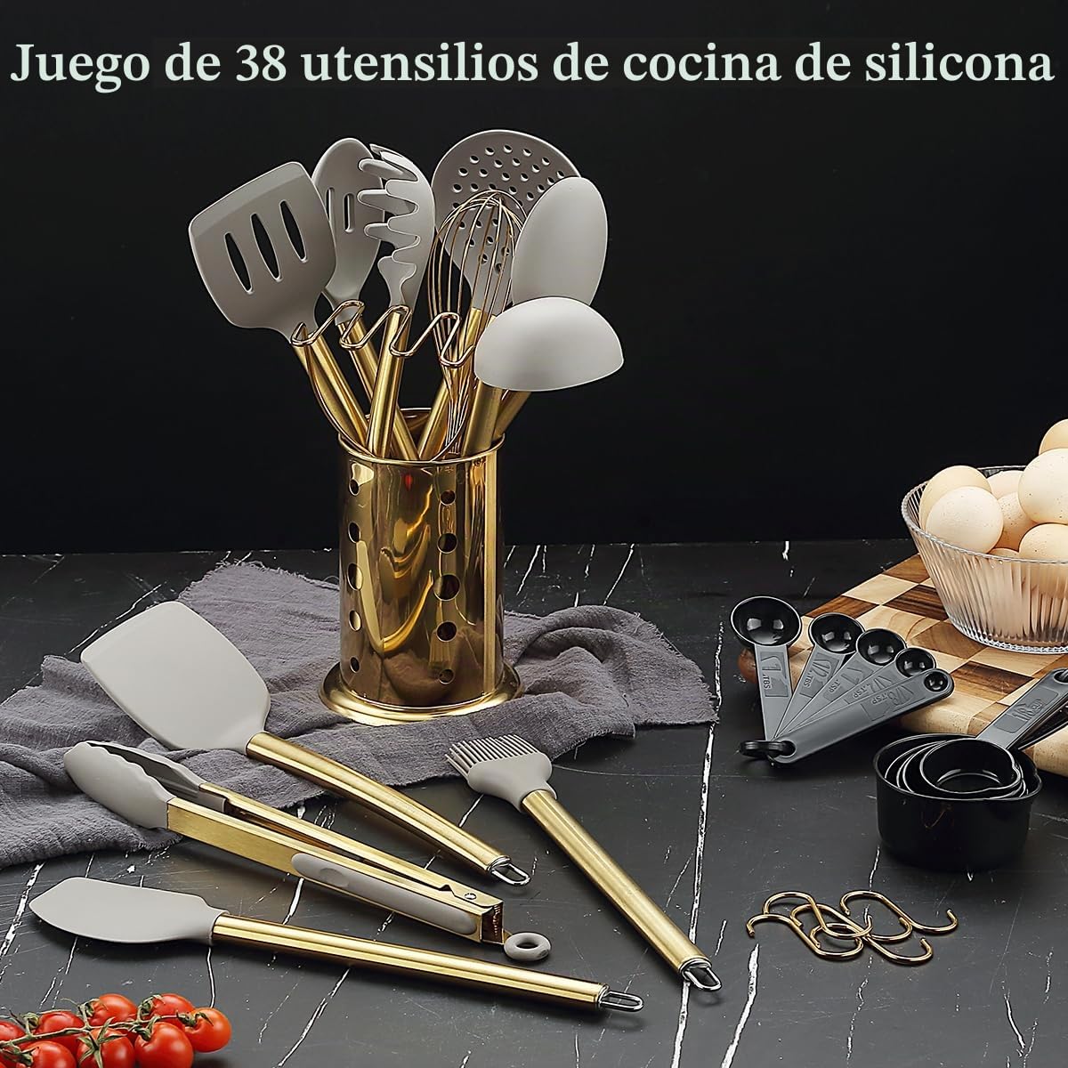 Juego de Utensilios de Cocina Dorados, Kyraton 38 Utensilios de Cocina de Silicona Antiadherente, Juego de Cucharas y Espátulas con Robusto Porta Utensilios de Acero Inoxidable, Apto para Lavavajillas