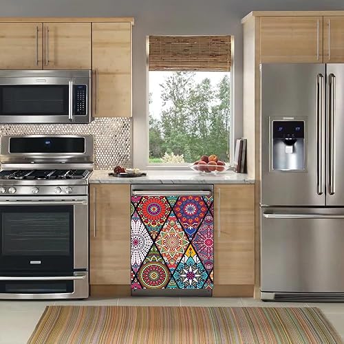 Miniatura 5 de Cubierta magnética para lavavajillas con diseño de flores de mandala, hermosa decoración de cocina, diseño bohemio con imán autoadhesivo para