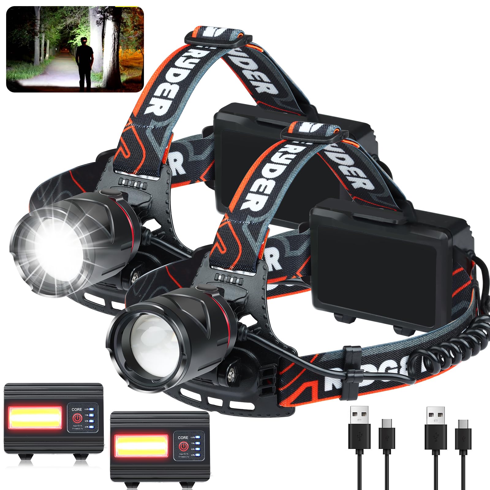 LED Rechargeable Headlamp,Head Lamps Battery Powered, Super Bright 120000 High Lumen with 3+4 Modes Waterproof Zoomable Head lamp,135° Adjustable for Outdoor Exploring Cycling, Fishing