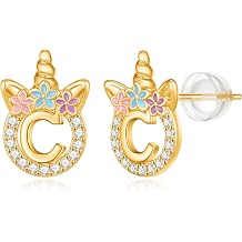 Unicorn Earrings Gifts for Girls - 925 Sterling Silver Stud Earrings Hypoallergenic Initial Unicorn Earring for Girls Kids Jewelry CZ Birthday Gifts