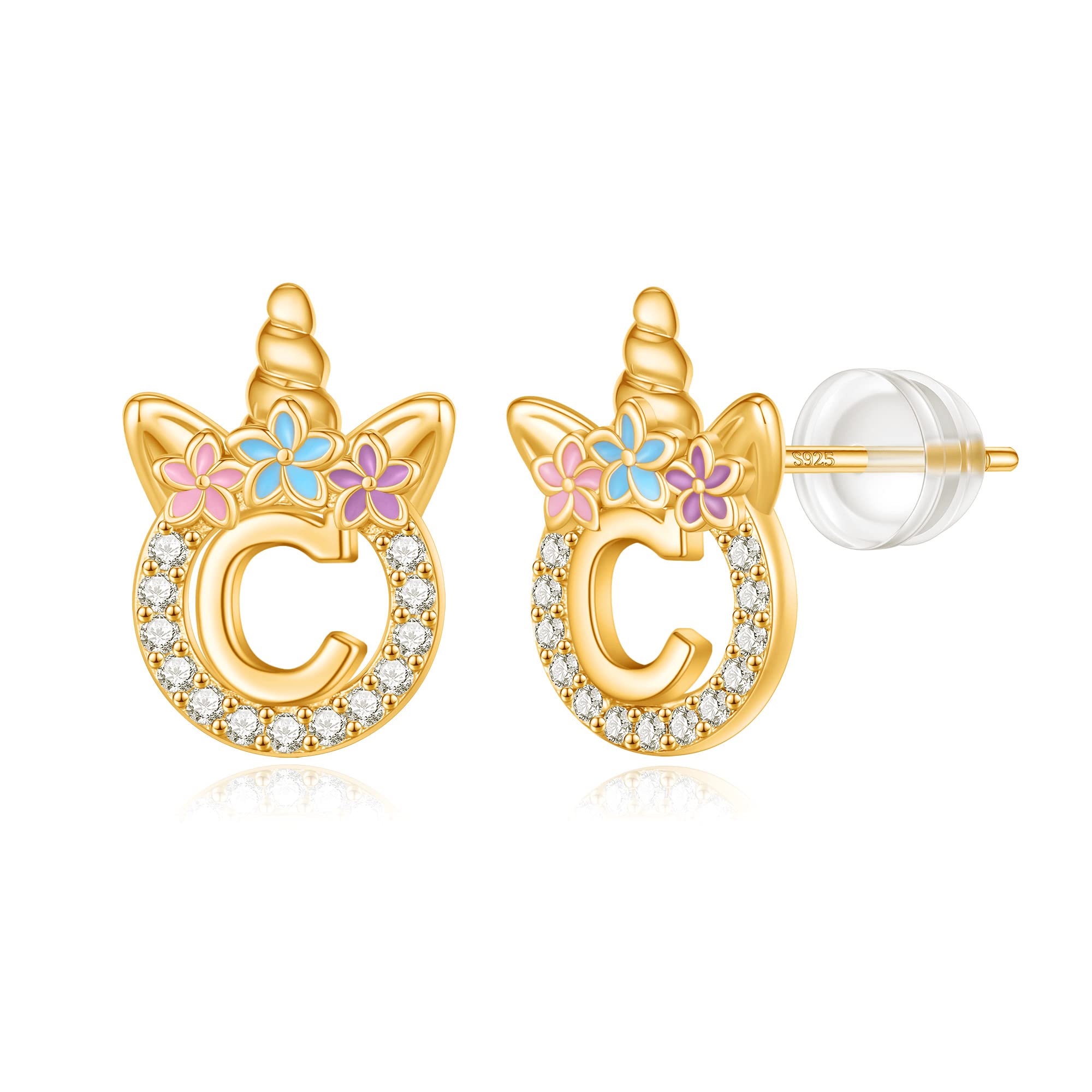 Unicorn Earrings Gifts for Girls - 925 Sterling Silver Stud Earrings Hypoallergenic Initial Unicorn Earring for Girls Kids Jewelry CZ Birthday Gifts