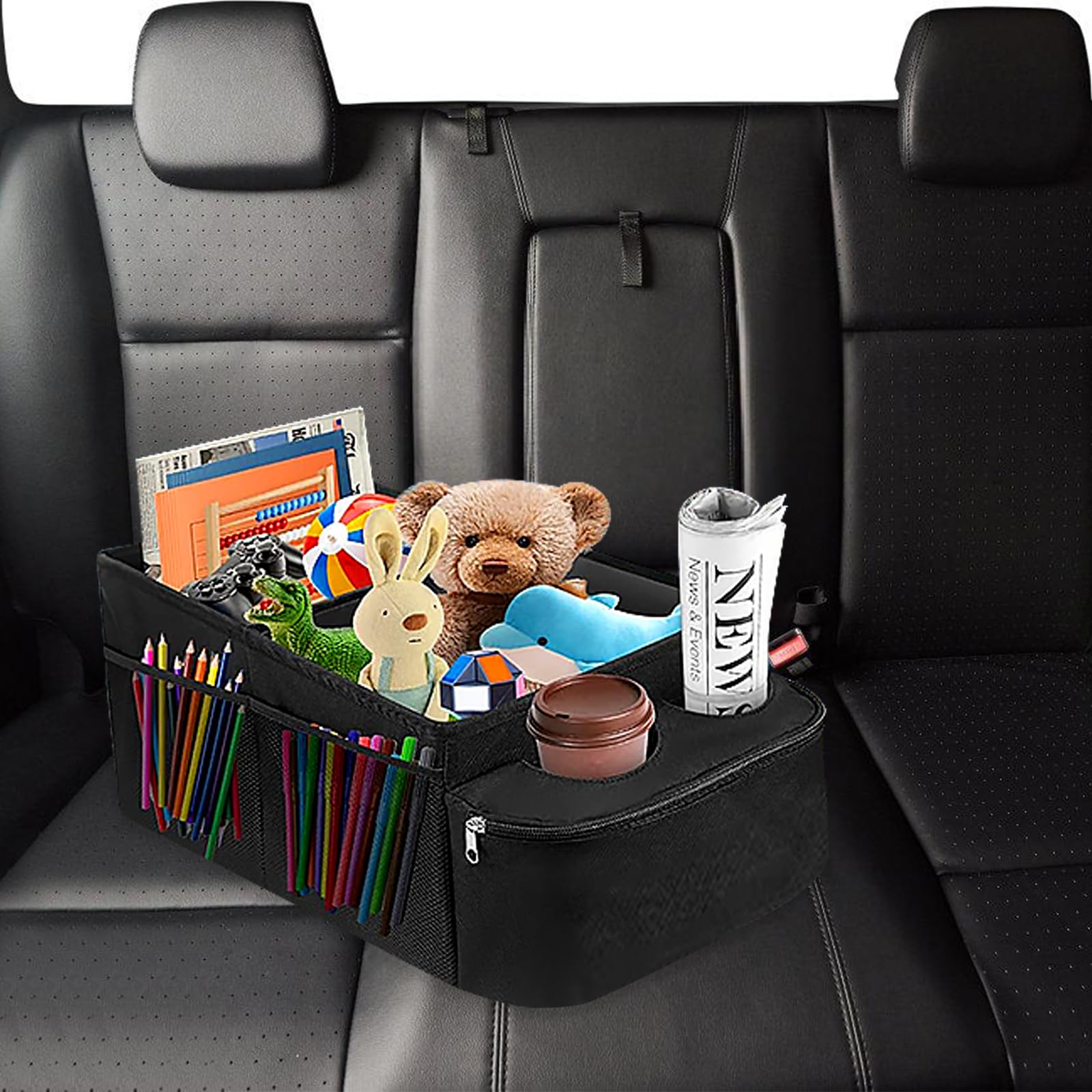 BYZESTY Organisateur de Coffre avec Porte-Gobelet - Rangement Voiture Pliable, Multi-Compartiments pour Siège Passager et Interieur