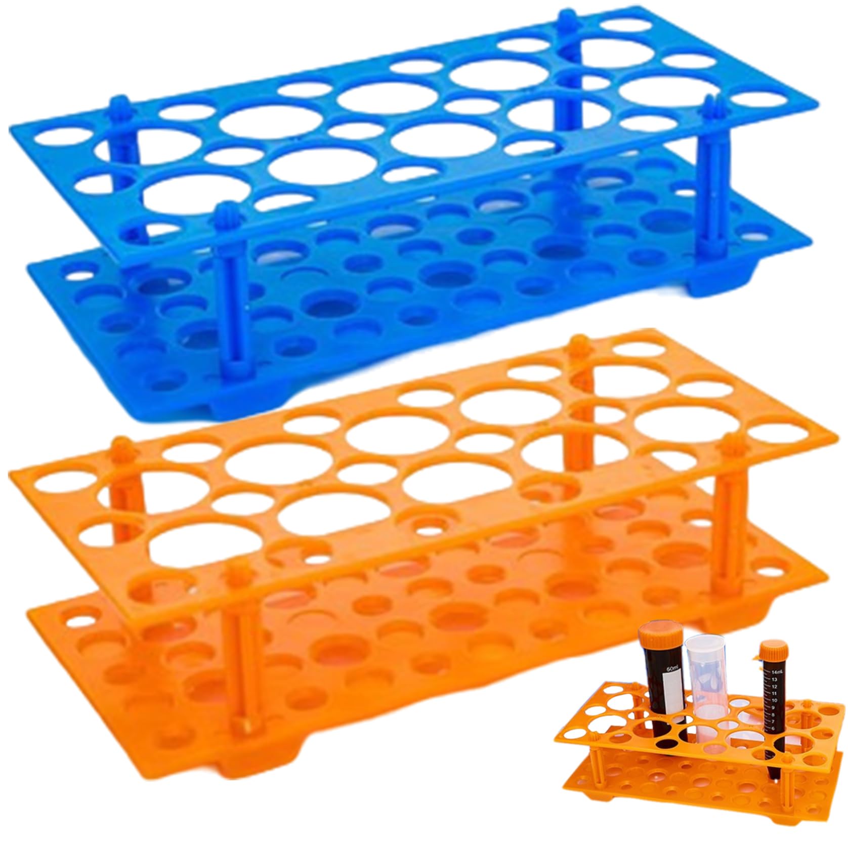 2Pcs Test Tube Rack 8.66x3.78x2.24in Portable Lightweight Laboratory Plastic Centrifuge Tube Rack, Orange and Blue