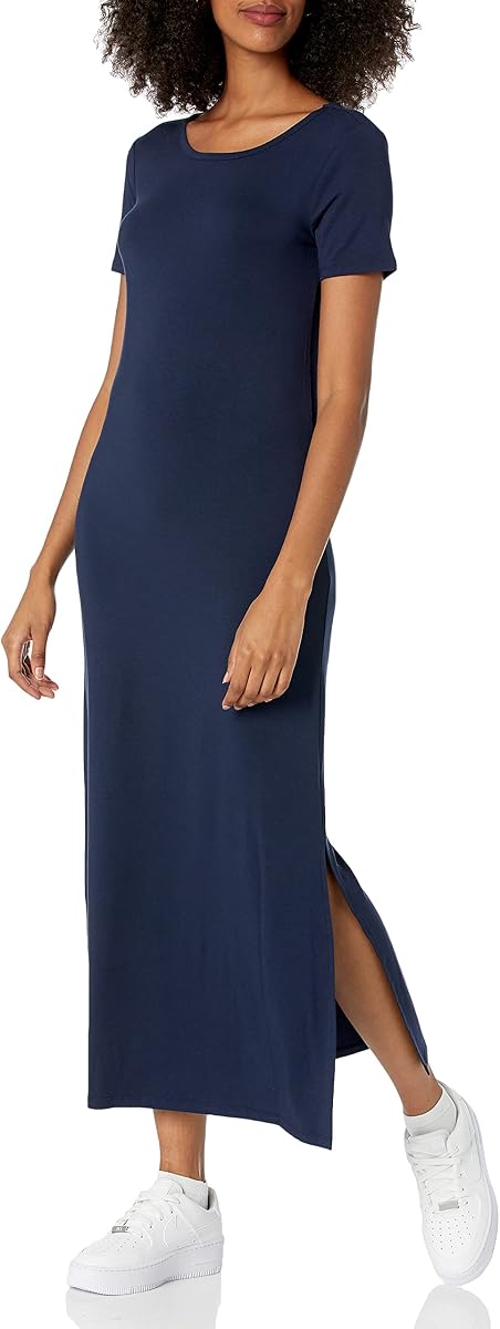 Women's Jersey Standard-Fit Short-Sleeve Crewneck Side Slit Maxi Dress