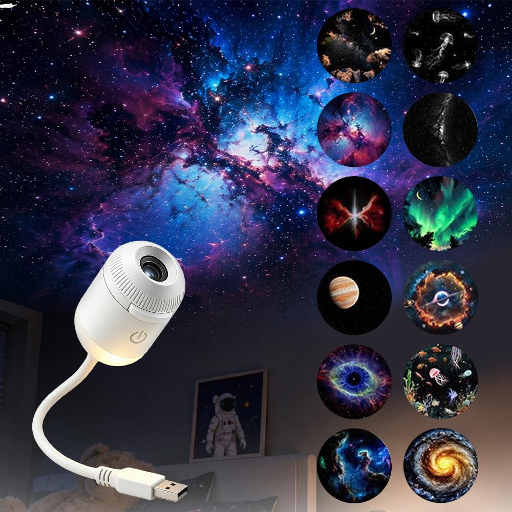 Proiettore di luce notturna olografica HD Smart Dynamic con 12 dischi di proiezione, 360° proiettore di stelle HD Plug and Play, proiettore stellare galassia regolabile