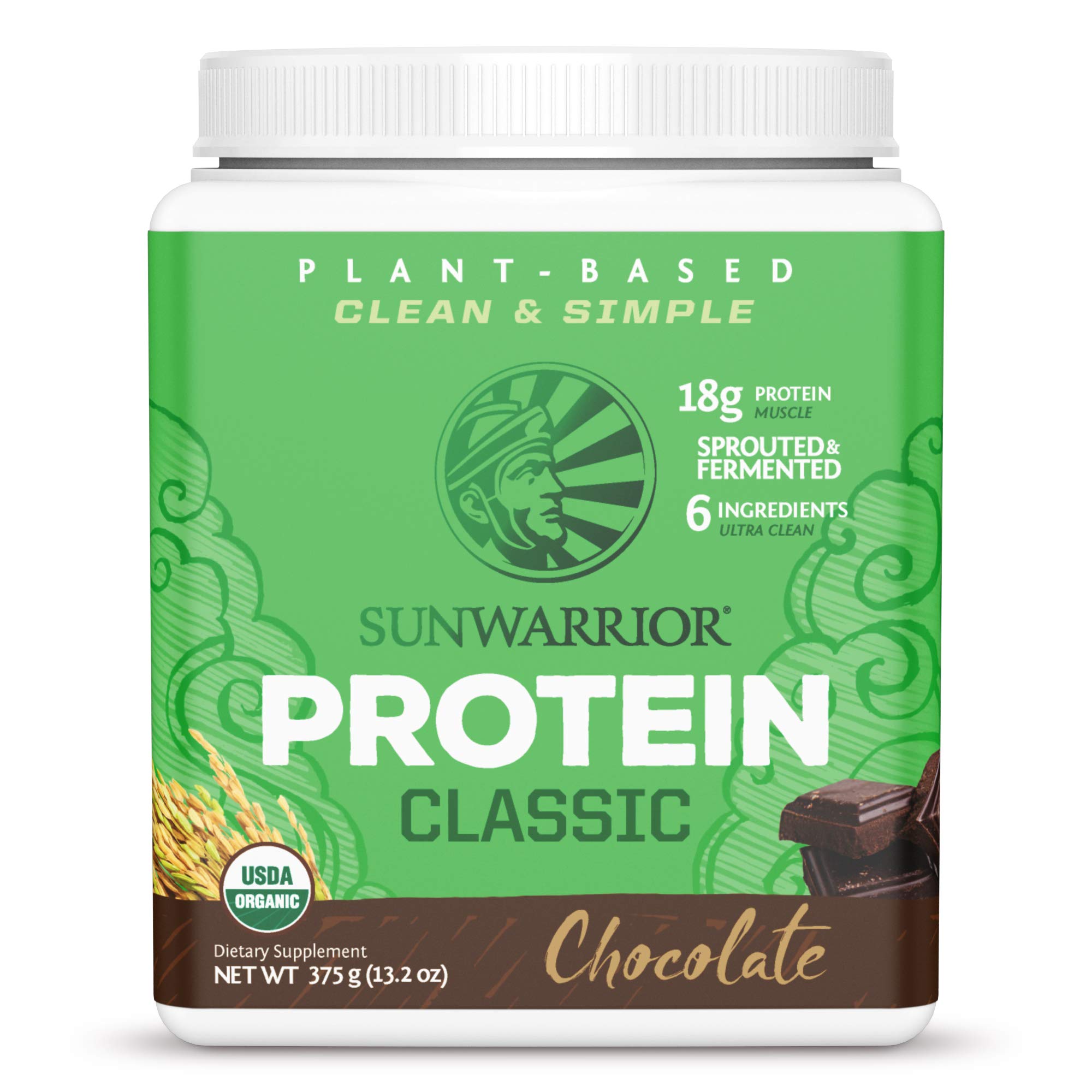 Sunwarrior - Classic - Vegan Sprouted Brown Rice Protein Powder Raw Organic Plant Based Protein - 375g - Chocolate