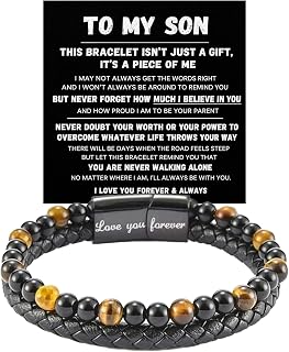 To My Son - Never Walk Alone Braided Beaded Bracelet, Inspirational Engraved Love You Forever Natural Stone Black Leather Bracelets Birthday Christmas Graduation Keepsake Jewelry