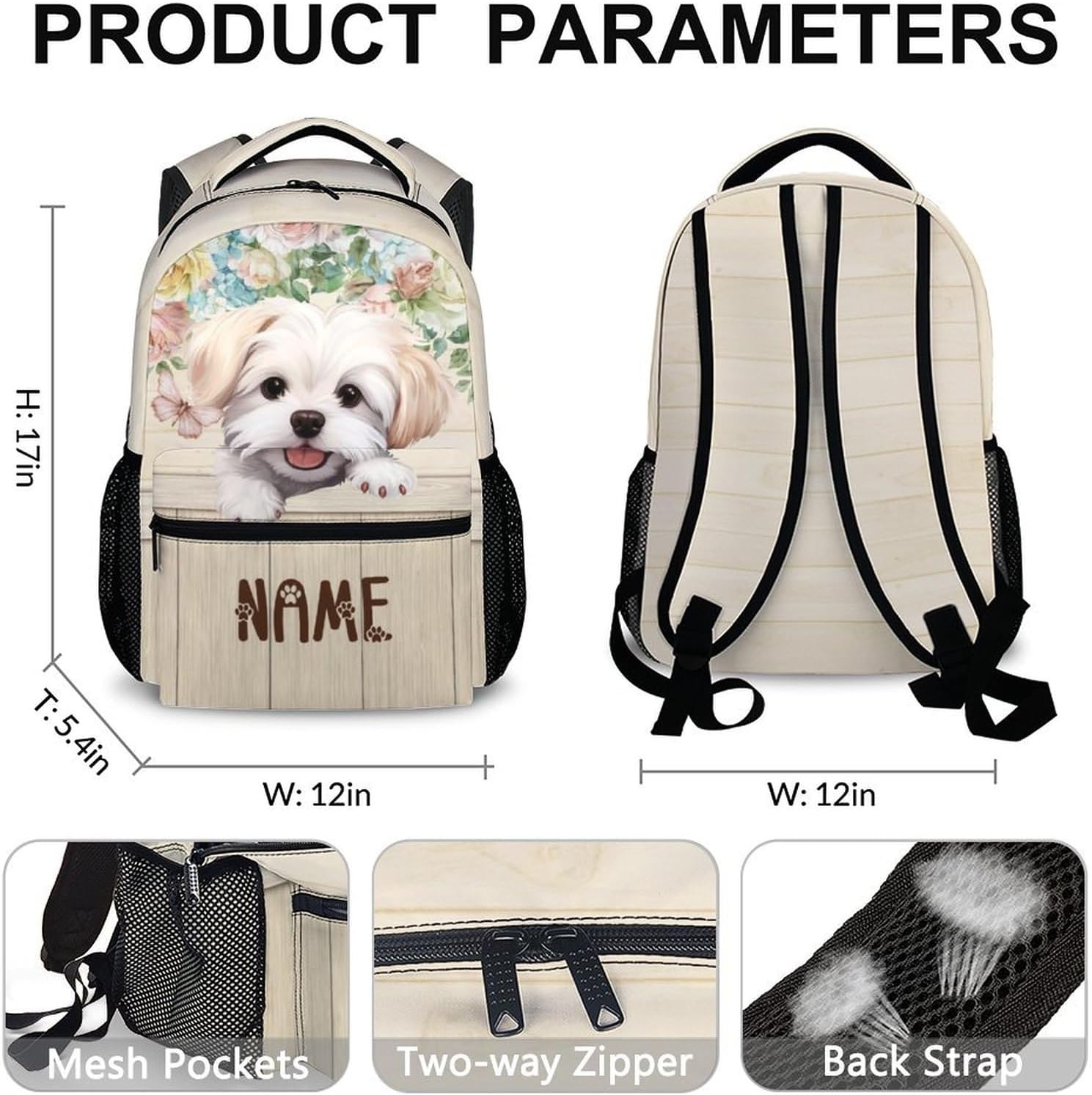 Kids Backpacks, Custom Maltese Backpack, 17 Inch Dog Bookbag for Teen Boys Girls, Cute Casual Schoolbag Gift for Travel School Vacation