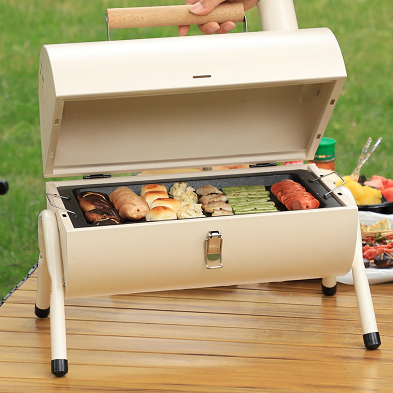 Beczkowy Grill Węglowy Przenośna, , antypoślizgowa pokrywa