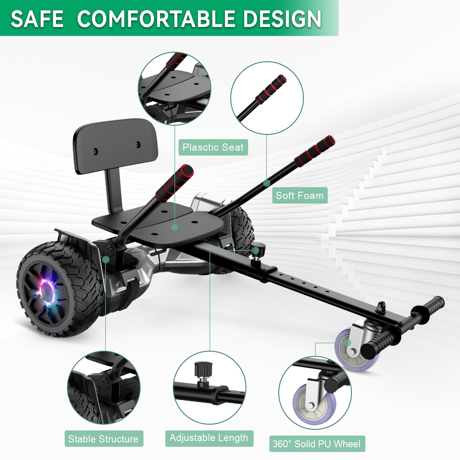 Hoverboard with Seat, deskorolka elektryczna All-Terrain z hoverkart, 8,5 cala gokart z samobalansującą hulajnogą, off-road hoverboard z głośnikiem Bluetooth, LED, prezent dla dzieci